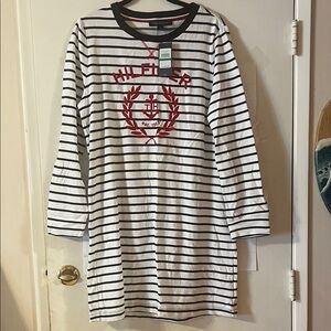 Tommy Hilfiger White & Black Striped Long-Sleeve Tunic with Red Crest